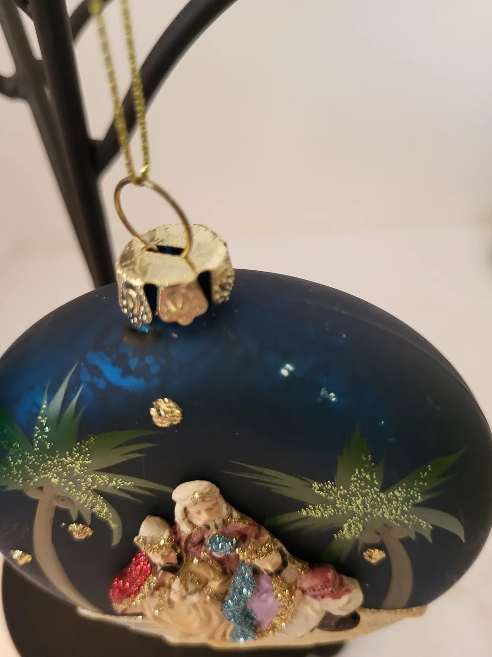 Pier 1 Hand-Painted 3-D Relief Blue Nativity Glass Ornament S/2